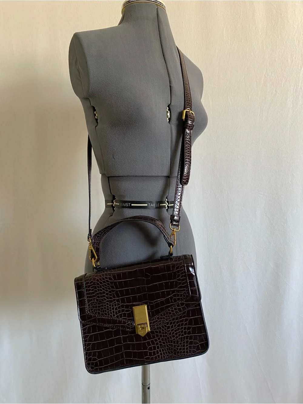 Aldo Brown croc-embossed structured top-handle satchel / crossbody bag